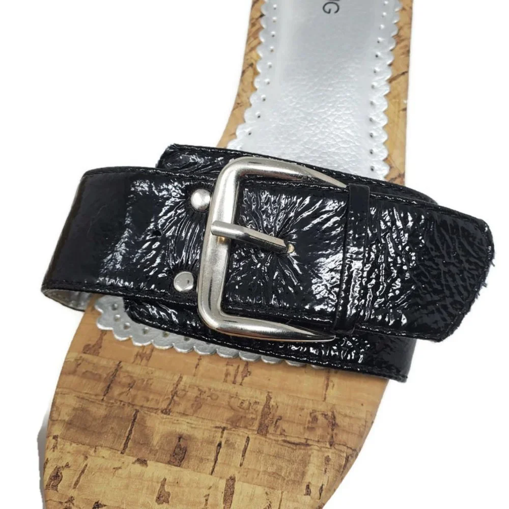 Fashion Bug Size 10 Black Faux Patent Leather Buckle‎ Cork Wedge Heels Sandals